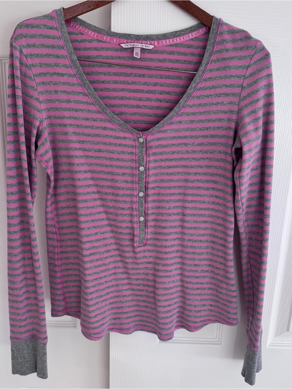 Victoria's Secret Pink and Metallic Gray Striped Long-Sleeve Henley